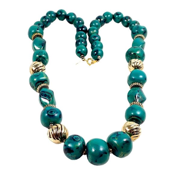Vintage Necklace LR Lady Remington Green Marbled Lucite Beads Eclectic MCM 22" - Picture 1 of 13